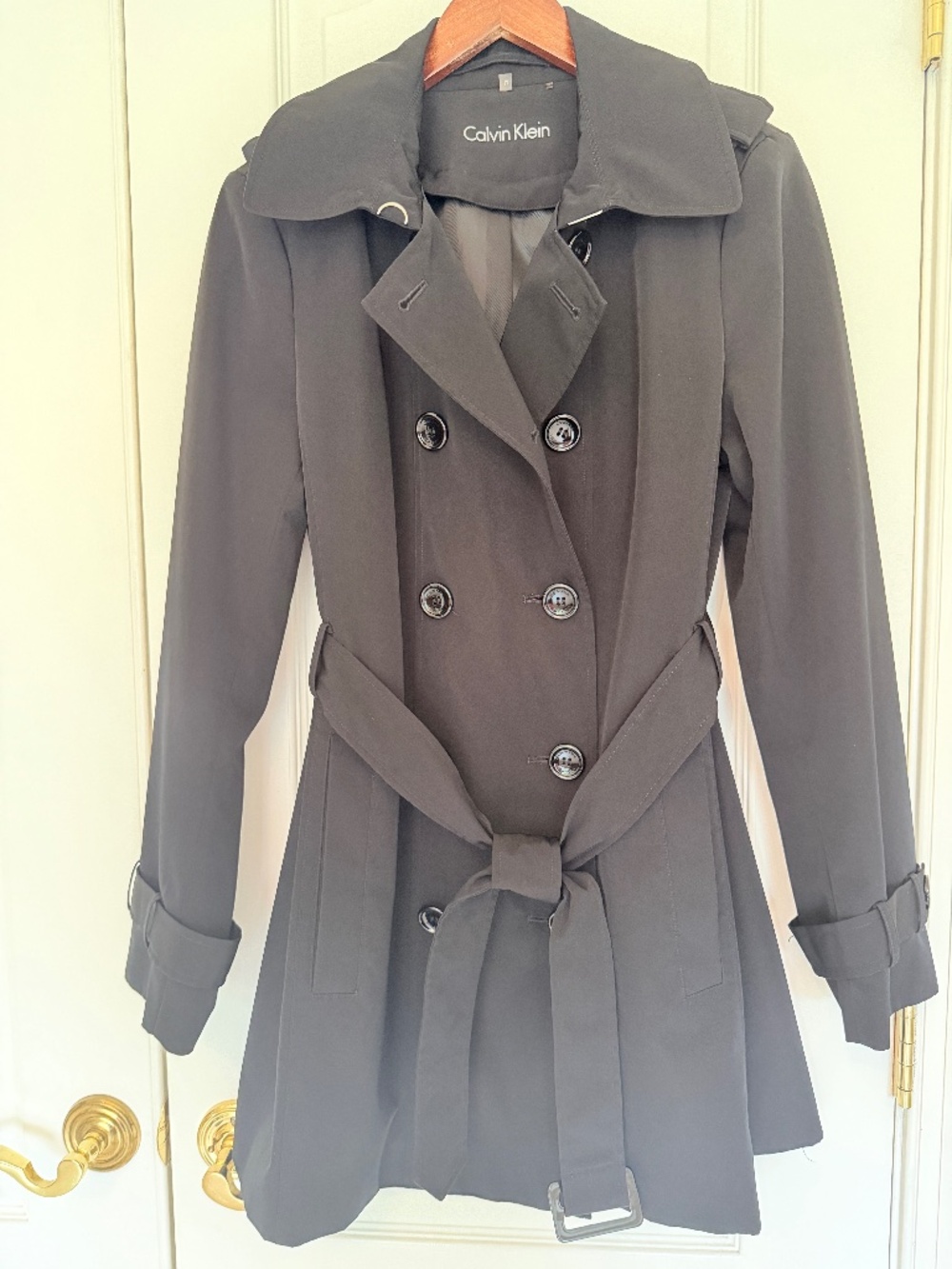 Calvin Kein Black Trench Coat with Removable Hood & Liner, size Medium